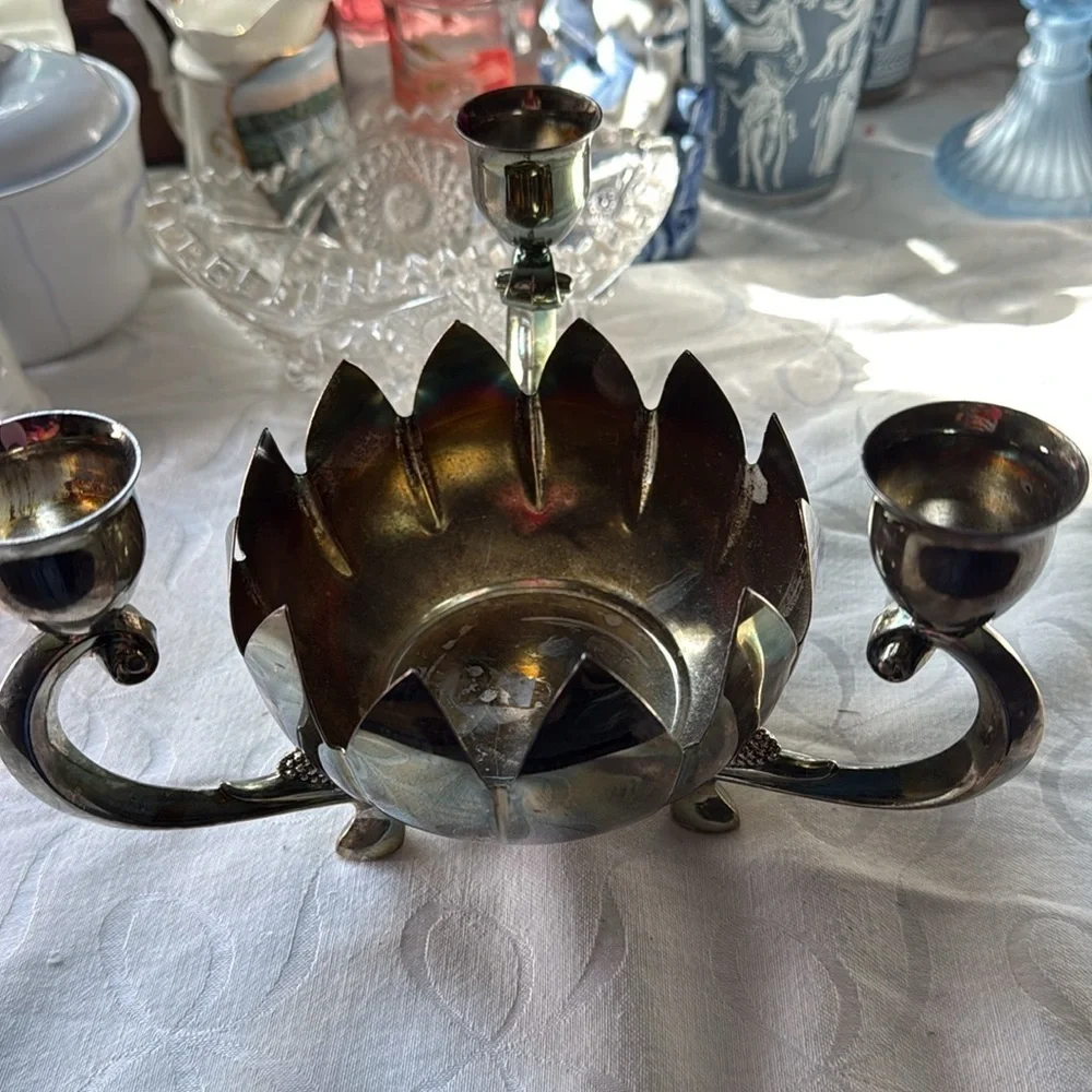 vintage Reed & Barton silver-plated 3-arm candle holder in a lotus flower design